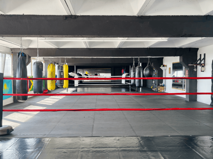 Ringul de box și sacii galbeni agățați în fundal