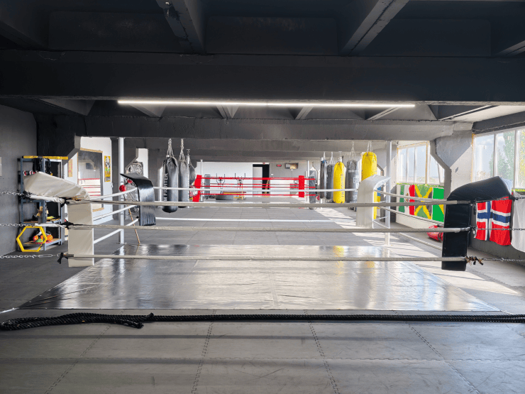 Ring de box cu corzi albe, văzut de pe platformă